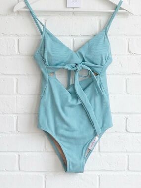 Shade & Shore Light Blue Ribbed cut out One-Piece Swimsuit with Tie Front XS $40